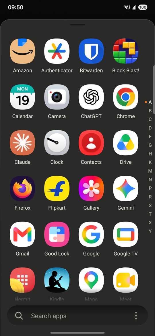 App drawer with an A to Z grid, letter index and search at the bottom