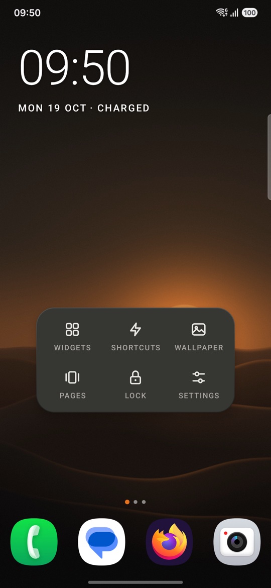 Long-press menu: widgets, shortcuts, wallpaper, pages, lock, settings