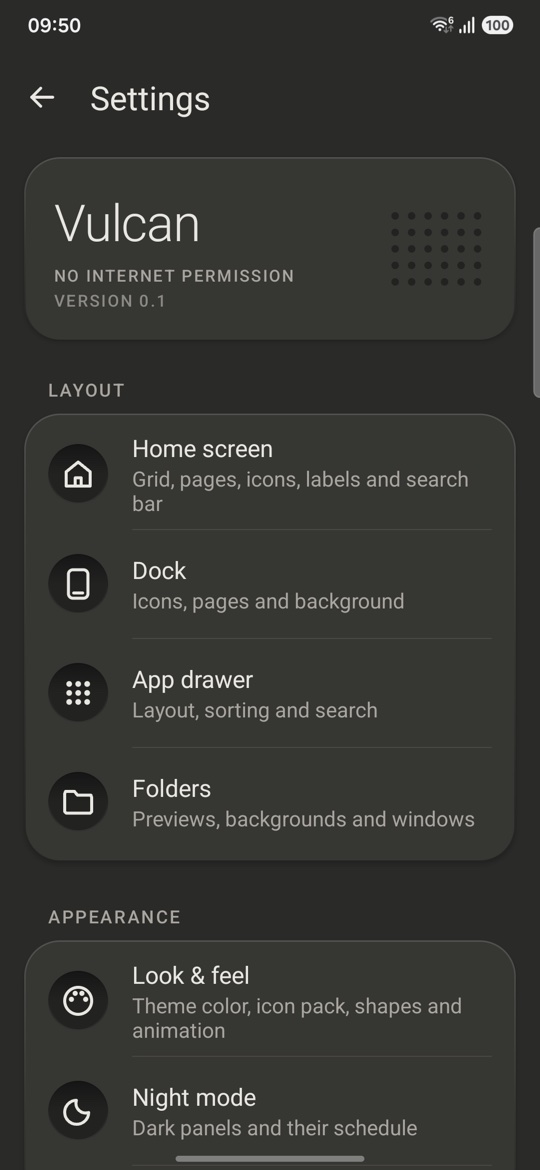 Settings with a nameplate and grouped panels